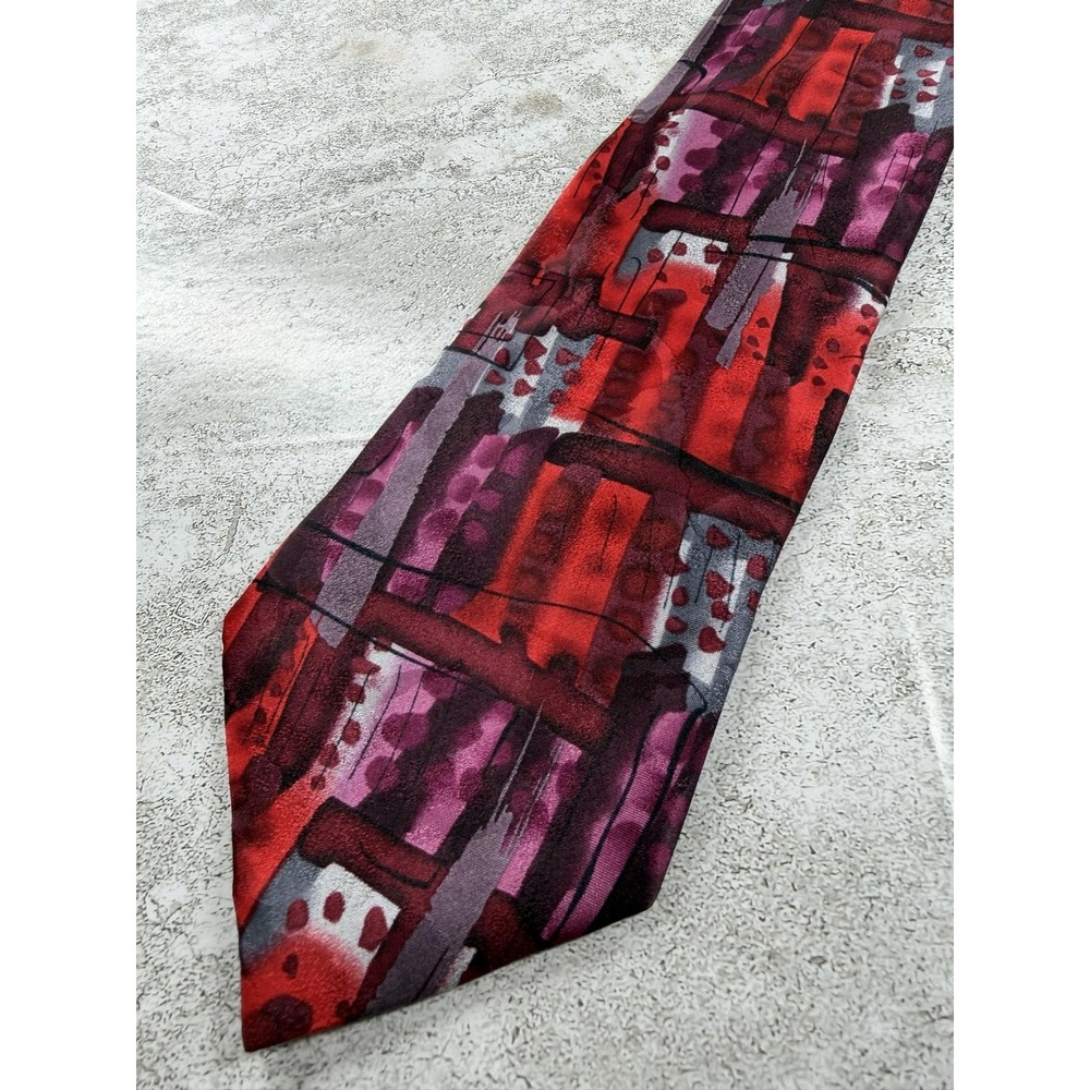 J. Garcia Tie Mens One Size Red 100% Silk Pointed Geometric Logo Satin